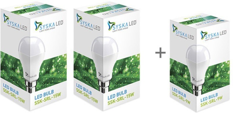 Syska Led Lights 15 W, 9 W Standard B22 LED Bulb  (White, Pack of 3) at 349