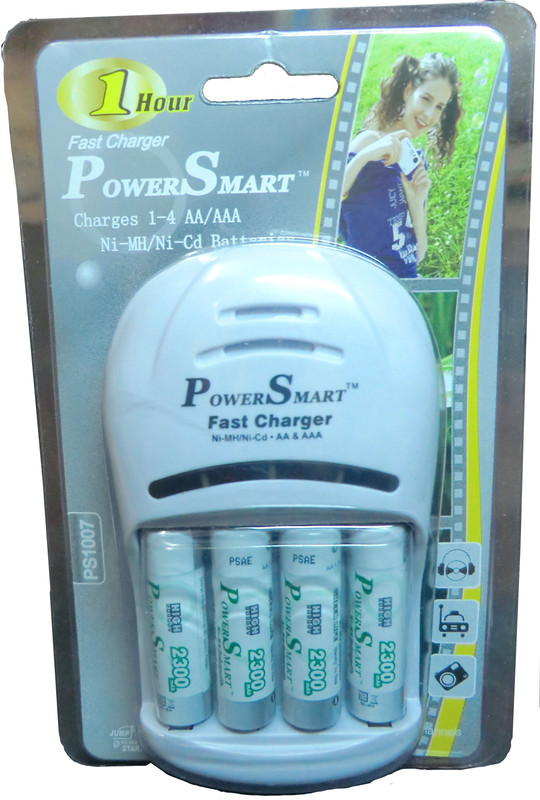 Power Smart AA Camera Battery Charger PS 1007 AA-AAA NiCd-NiMH With Ready to use 2300 Mah 4 Cells 1 Hour 4 LED Fast Charger With AutoCut Off Function Charger Set  Camera Battery Charger(White)