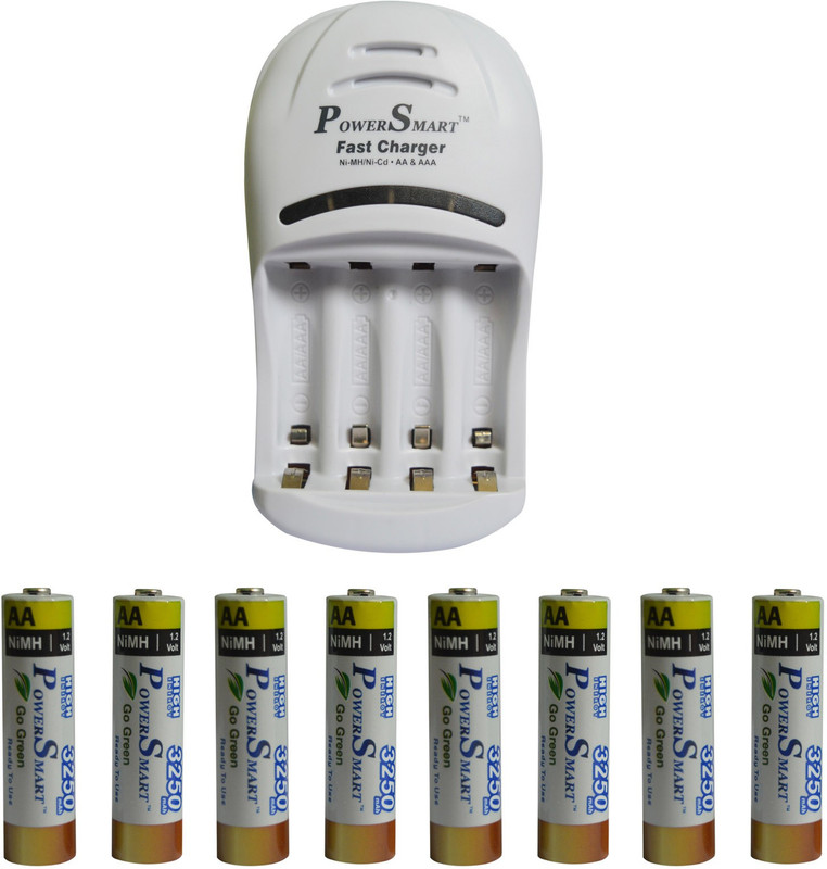 Power Smart Fast Charging Unit PS1007 Combo With 2 Set 3250maHx4 AA Cells Camera Battery Charger(White)