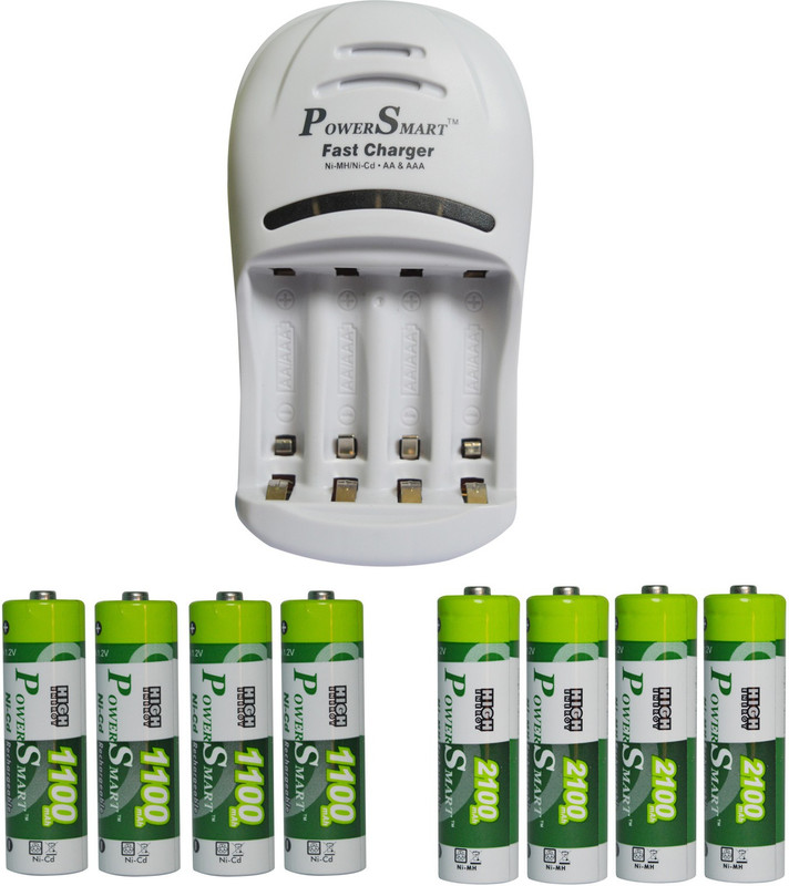 Power Smart Fast Charging Unit PS1007 Combo With 2 Set 2100maHx4AA And 1100maHx4 AA Cells Camera Battery Charger(White)