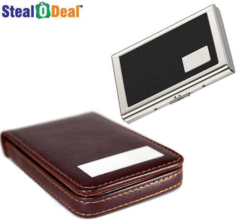 Stealodeal Brown Top Leather Steel With Black Metal 20 Card Holder(Set of 2, Brown)