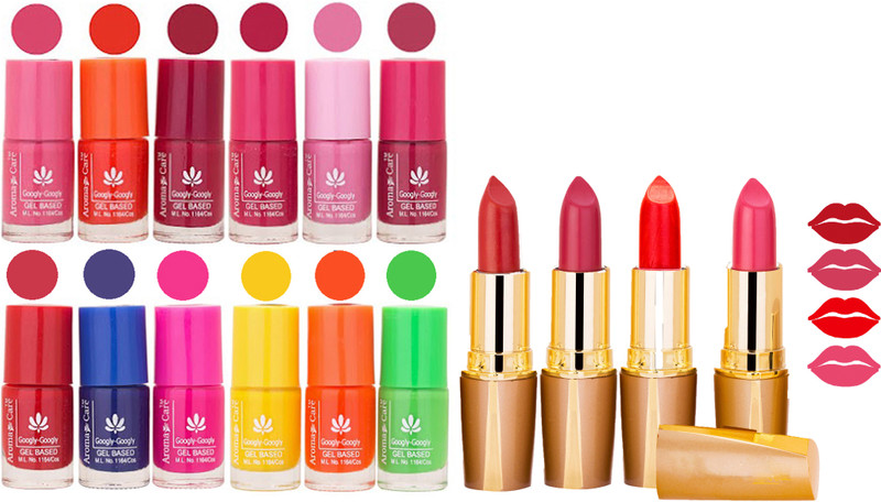 Aroma Care 12 Piece Vibrant Color Nail Polish Combo Set With 4 Rythm Creamy Matte Lipstick Combo 186(Set of 16)