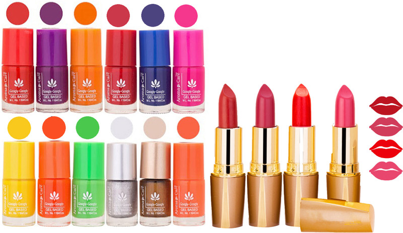 Aroma Care 12 Piece Vibrant Color Nail Polish Combo Set With 4 Rythm Creamy Matte Lipstick Combo 185(Set of 16)