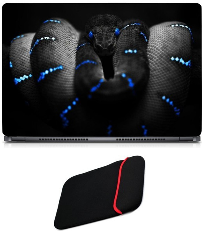 Skin Yard Blue Sparkle Snake Laptop Skin/Decal with Reversible Laptop Sleeve - 15.6 Inch Combo Set