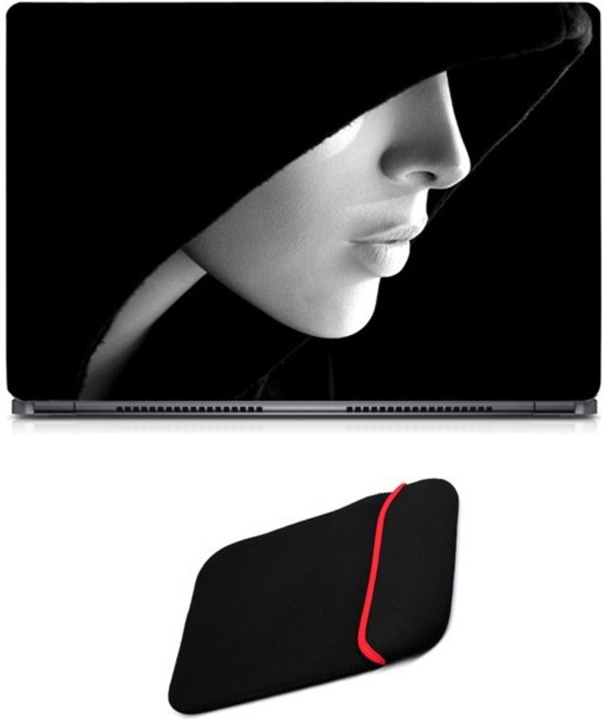 Skin Yard Beautiful Black & White Girl Laptop Skin/Decal with Reversible Laptop Sleeve - 14.1 Inch Combo Set