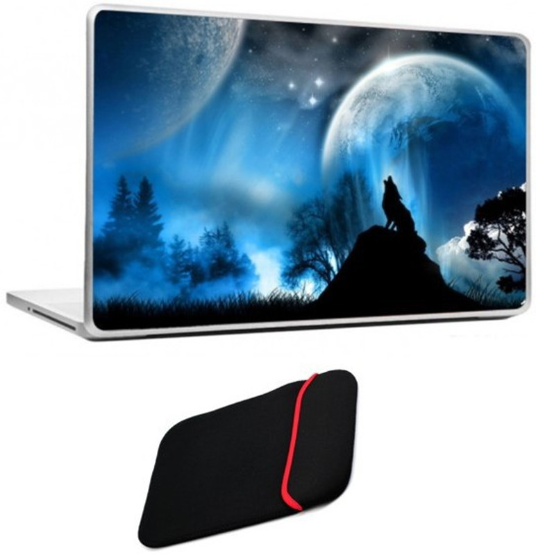 Skin Yard Fantasy Wolf Howling Moon From Mountain Laptop Skin/Decals with Reversible Laptop Sleeve - 15.6 Inch Combo Set