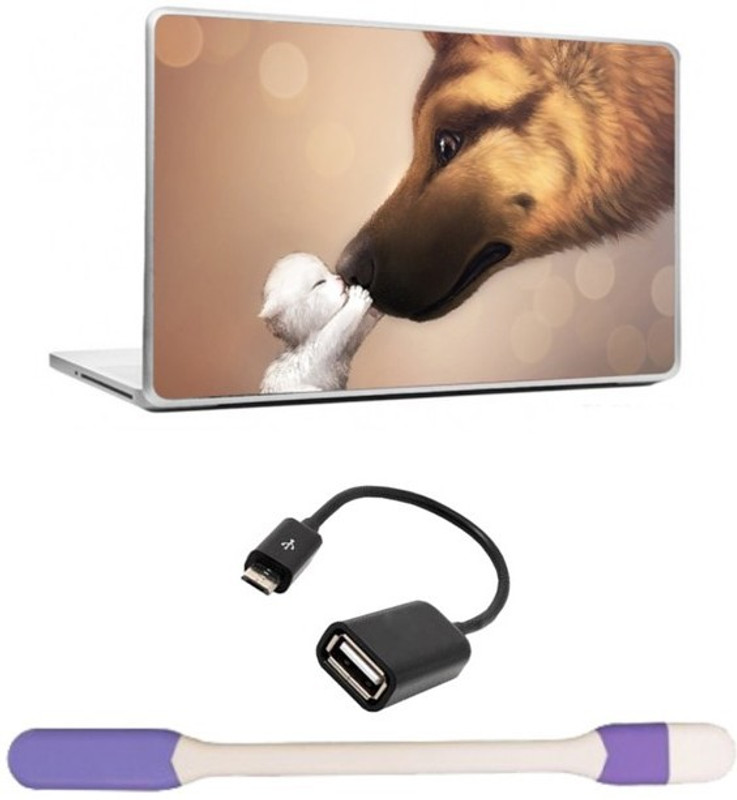 Skin Yard Cat and Dogs Kissing Laptop Skin -14.1 Inchs with USB LED Light & OTG Cable (Assorted) Combo Set