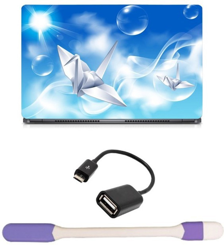 Skin Yard Paper Birds Laptop Skin with USB LED Light & OTG Cable - 15.6 Inch Combo Set