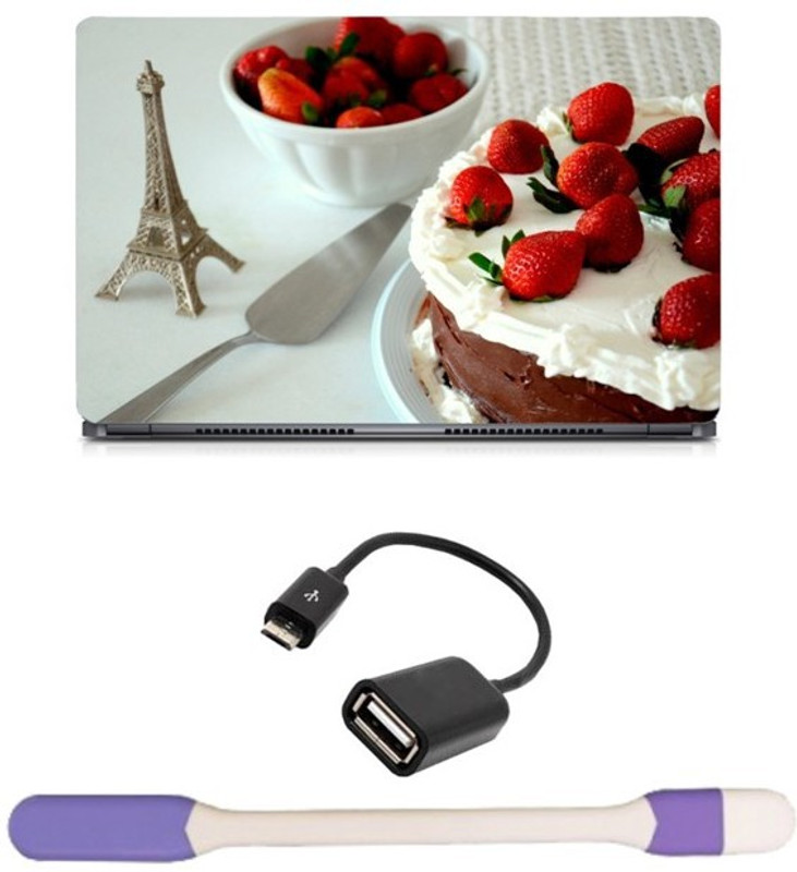 Skin Yard Eiffle Tower Strawberry Cake Sparkle Laptop Skin -14.1 Inch with USB LED Light & OTG Cable (Assorted) Combo Set
