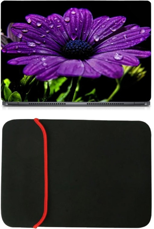 Skin Yard Dark Purple Flower Black Background Laptop Skin/Decal with Reversible Laptop Sleeve - 15.6 Inch Combo Set