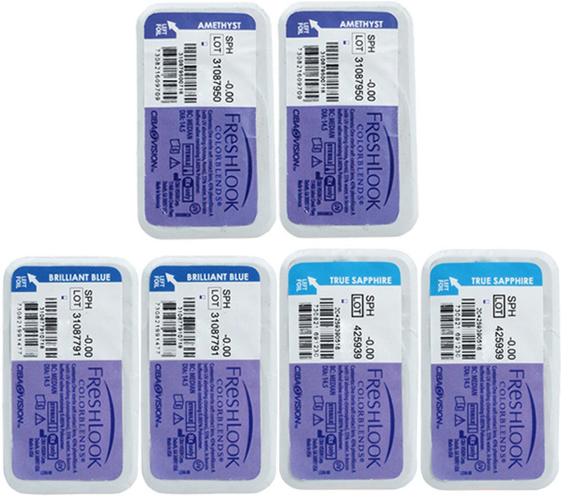 Ciba Vision FreshLook COLORBLENDS Zero Power By Visions India Monthly(True Sapphire-Brilliant Blue-Amethyst-0.00, Colored Contact Lenses, Pack of 6) Ciba Vision FreshLook COLORBLENDS Zero Power By Visions India Monthly(True Sapphire-Brilliant Blue-Amethyst-0.00, Colored Contact Lenses, Pack of 6)