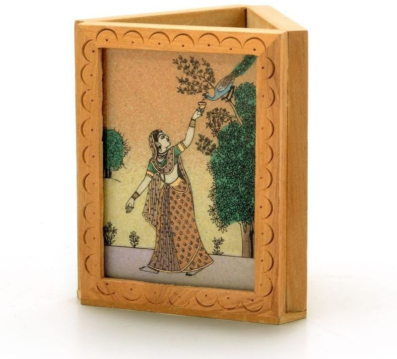 shoppingtara Gemstone Painted Handcrafted 1 Compartments Wooden Pen Stand(Brown)
