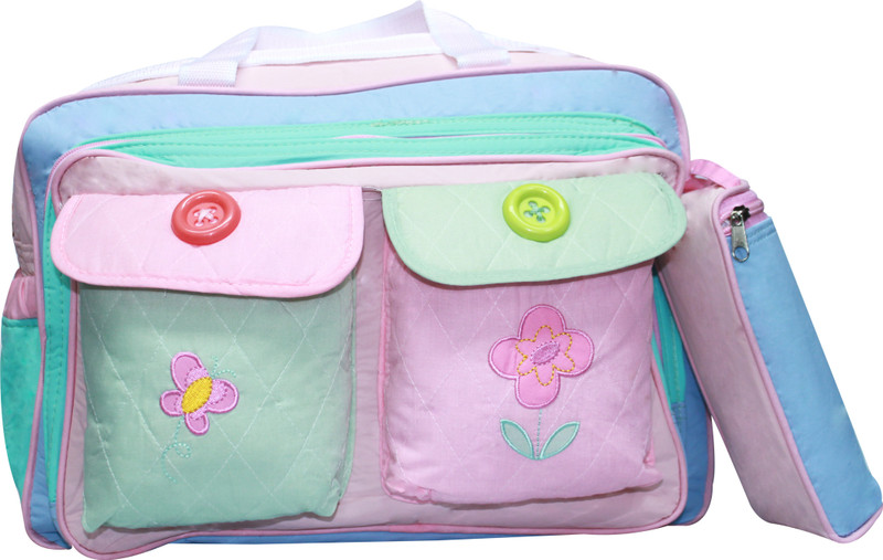 Kiwi Pink Flower Embroidery with Buttons Diaper Bag(Multicolor)