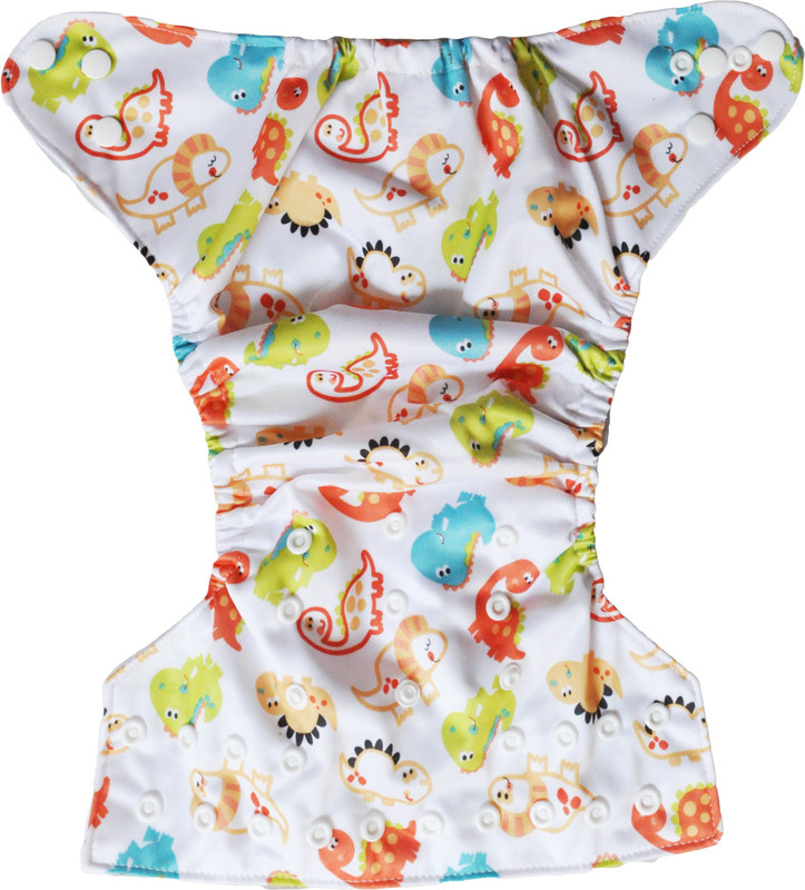 Soft Baby Reusable Cloth Diaper with Microfiber Inserts - White Multicolour Dinosaurs Pattern