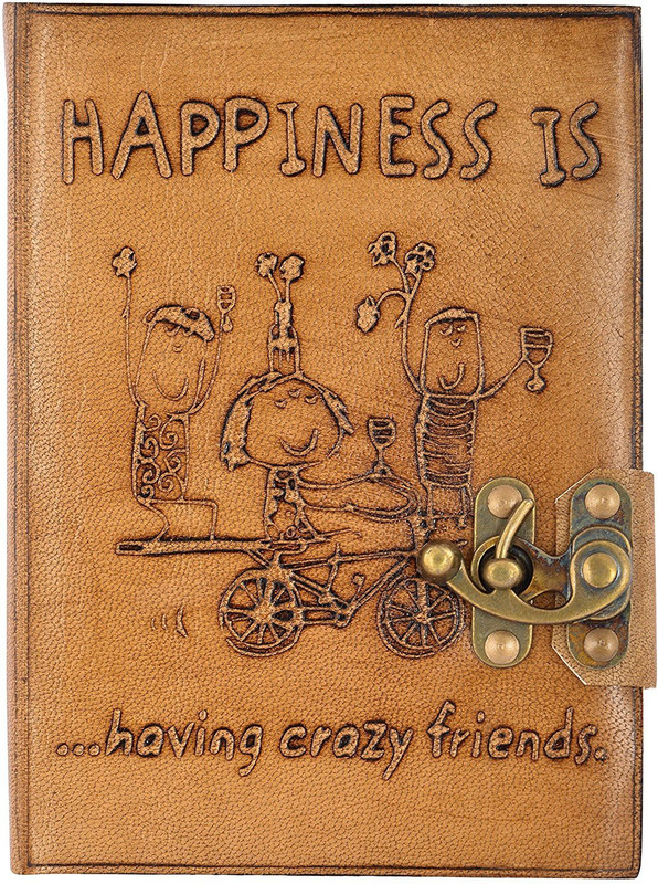 hare krishna handicrafts Regular Diary(Happiness is having crazy friend handmade paper leather cover diary with lock, Tan)