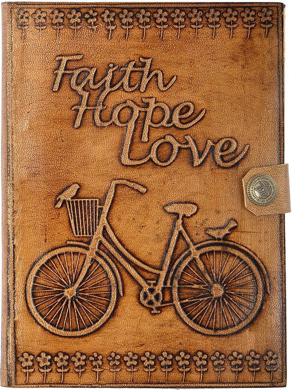 hare krishna handicrafts Regular Diary(Faith Hope Love cycle emboss leather cover handmade paper diary notebook, Tan)