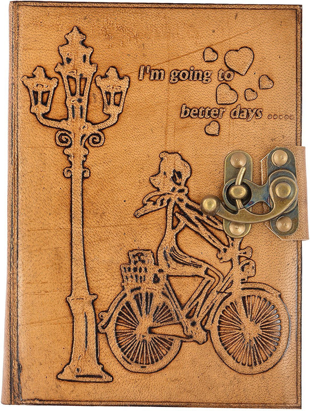hare krishna handicrafts Regular Diary(Girl with cycle handmade leather diary, Tan)