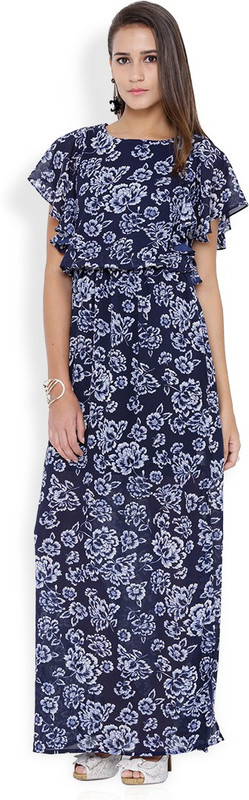 Tokyo Talkies Women Maxi Dark Blue, White Dress