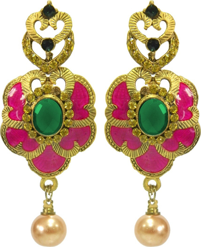 Peora Pink And Green Enamel Alloy Drops & Danglers