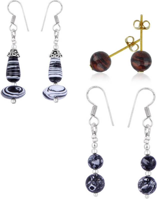 Pearlz Ocean Ladybird 2.5 Inches HowliteTiger Eye Gemstone Beads Studs Alloy Earring Set
