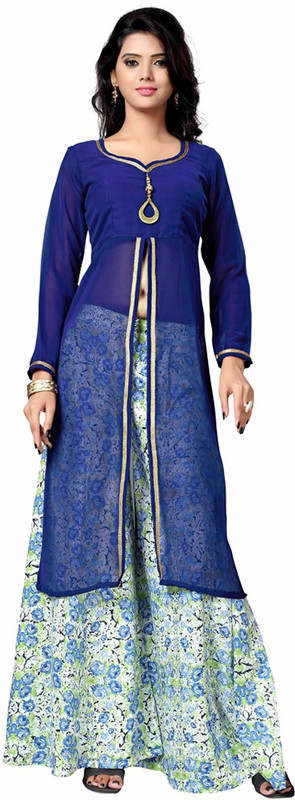 MADA Poly Georgette Printed Kurta & Palazzo Material(Unstitched)