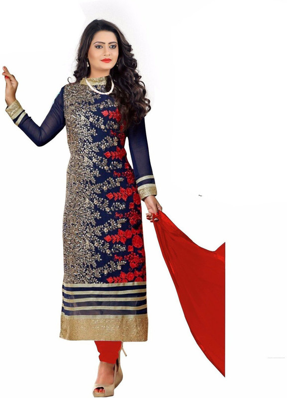 Vinayak Creation Poly Georgette Self Design, Embroidered Kurta with Jacket & Bottom Material(Semi Stitched)