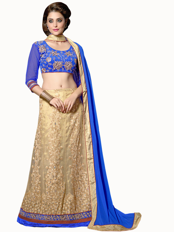 Parisha Embroidered Stitched Lehenga, Choli and Dupatta Set(Blue, Beige)