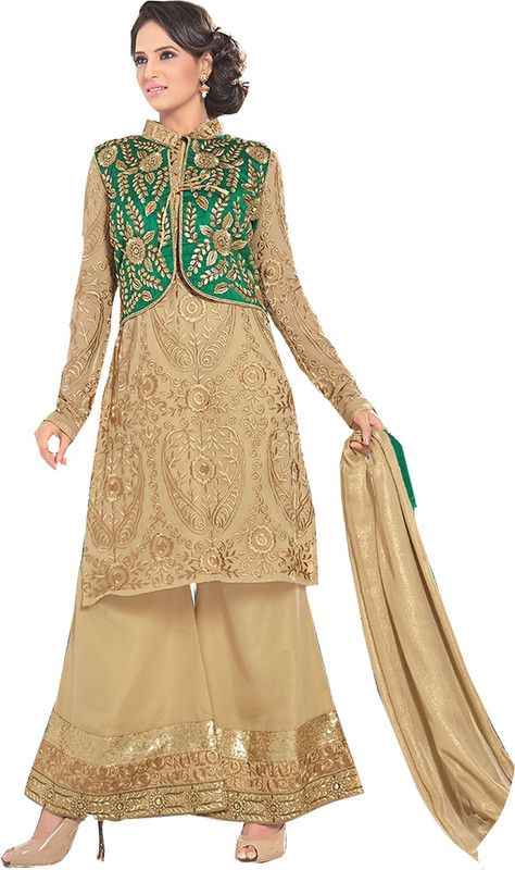 V And V Shop Poly Georgette Embroidered Kurta with Jacket & Bottom Material(Semi Stitched)