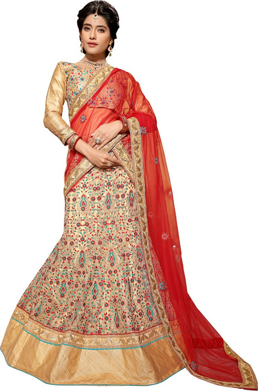 Manvaa Embroidered Semi Stitched Lehenga Choli(Beige)