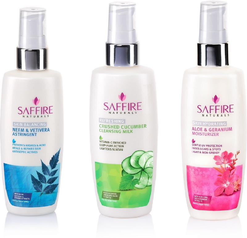 Saffire Daily care essential combo A- Crushed Cucumber Refreshing Cleansing Milk + Aloe Geranium Hydrating Moisturizer + Neem Vetivera Balancing Astringent (Set of 3)(300 ml)