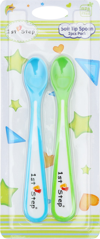 1st Step Soft Tip Spoon (2 pcs Pack) - Food Grade Plastic(Green, Blue)