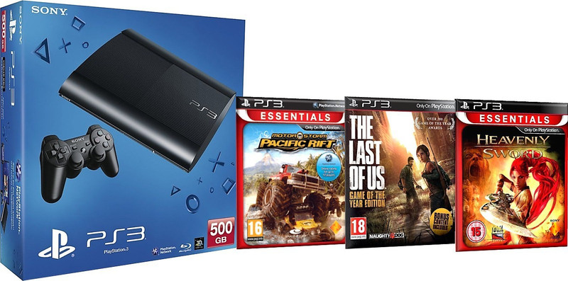 Sony PlayStation 3 (PS3) 500 GB with Motor Storm Pacific Rift, The Last of Us and Heavenly Sword(Black)