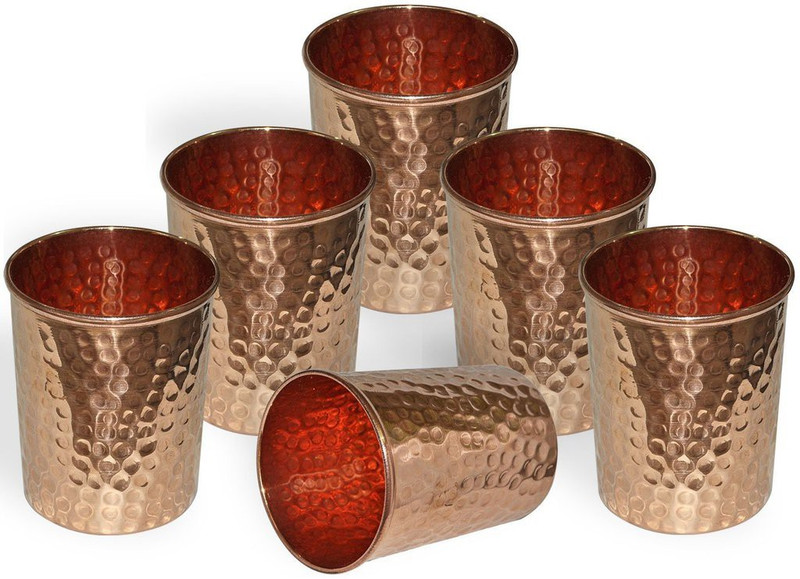 jaiguruji Handmade Pure Copper Hammered Tumbler -Serving & Drinking/ Home/ Hotel /Restaurant Set of 6 Glass Set(Copper, 250 ml, Gold, Pack of 6)