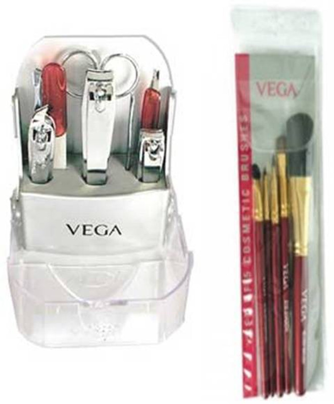 VEGA Set of 5 Make-up Brushes RV-05 & Set of 8 Manicure Tools MS-08 (Pack Of 2)