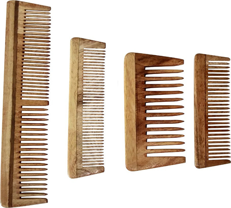 Ginni Marketing Neem Wood Baby/Pocket Comb (Length 10.5cm, 10.2cm, 12.9cm) + 1 Regular Comb (Length 19.4 cm)