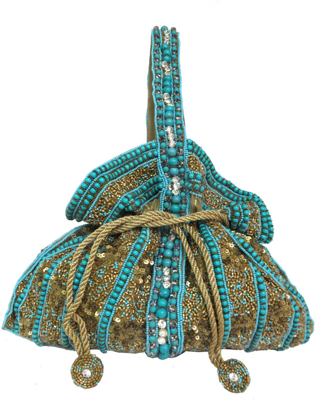 Kawaii Fashionable Beadwork - Dull Gold On Green Colored Satin Silk Glamorous Green-Golden Potli Cosmetic Bag(Gold) Kawaii Fashionable Beadwork - Dull Gold On Green Colored Satin Silk Glamorous Green-Golden Potli Cosmetic Bag(Gold)