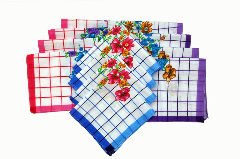Belle Girl Kids Checks White Color Flower Print Regular Handkerchief(Pack of 12)
