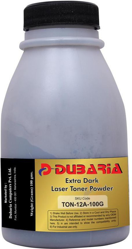 Dubaria Extra Dark Powder for HP 12A /Q2612A Cartridge - 100 grams Single Color Toner(Black) RS.349 (82.00% Off) - Flipkart