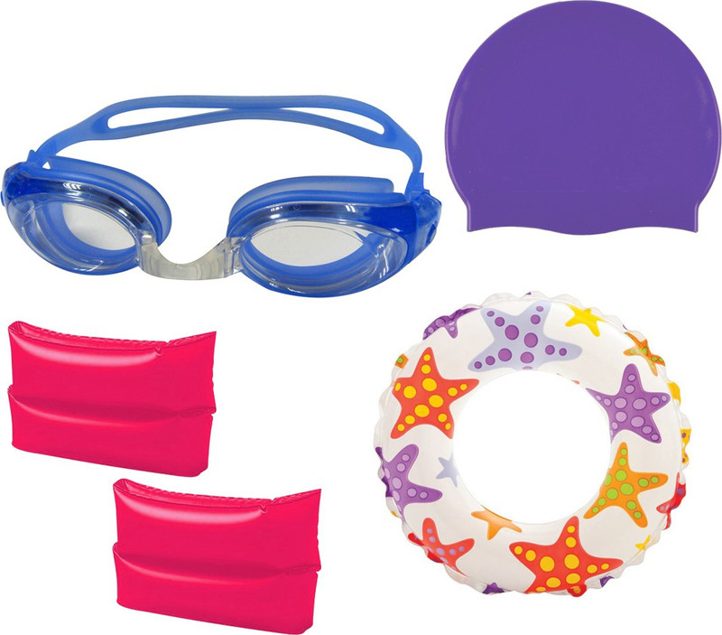 Golddust Swimming Goggles, Silicone Cap, ArmBand Swim Ring for 6-12 Year Child Swimming Kit