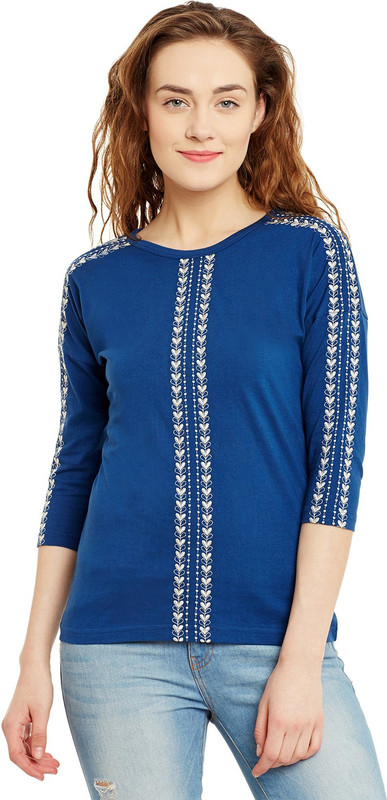 Hypernation Embroidered Women Round Neck Blue, White T-Shirt