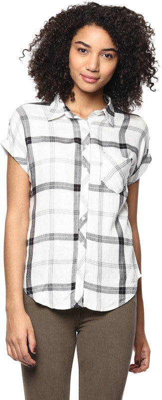 Harpa Casual Short Sleeve Checkered Women White Top