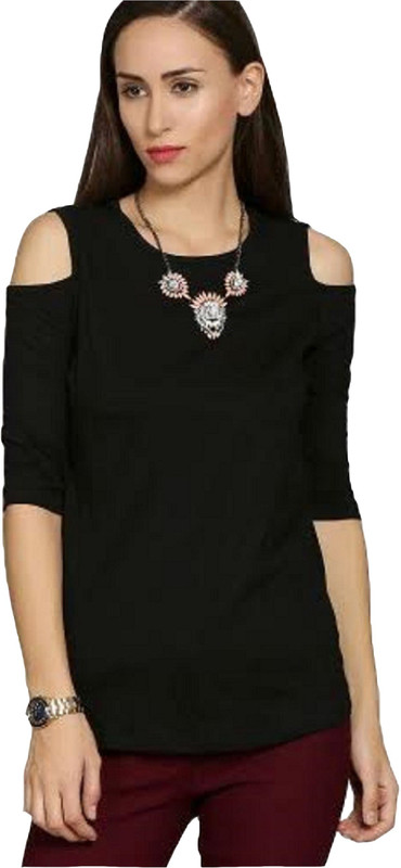 Archon E-commerce Casual 3/4 Sleeve Solid Women Black Top