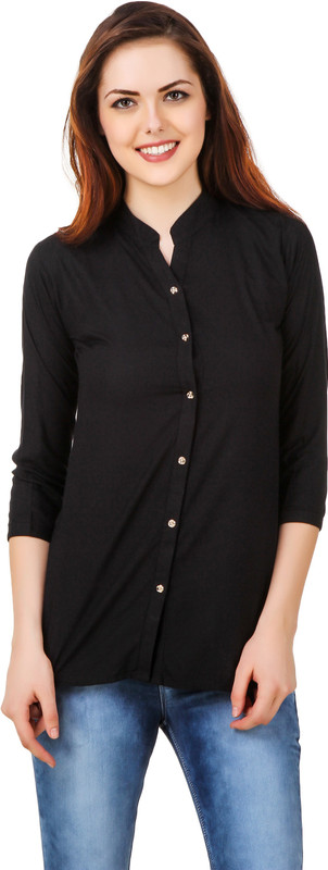 Purple Feather Women Solid Casual Black Shirt
