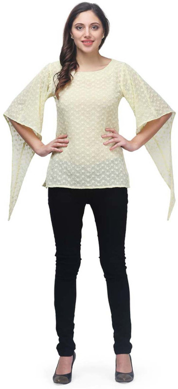 PRINTEMPS Casual 3/4 Sleeve Embroidered Women Yellow Top