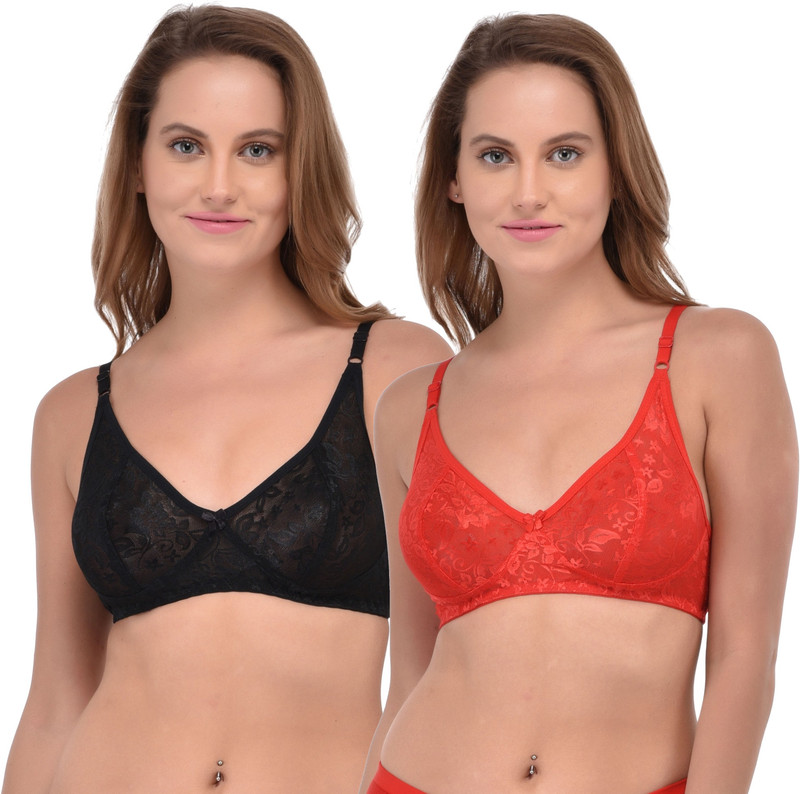 Fabme Soft Lace Women T-Shirt Non Padded Bra(Red, Black)