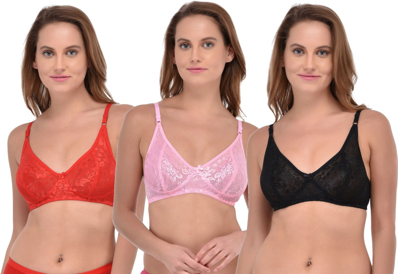 Fabme Soft Lace Women T-Shirt Non Padded Bra(Red, Black, Pink)