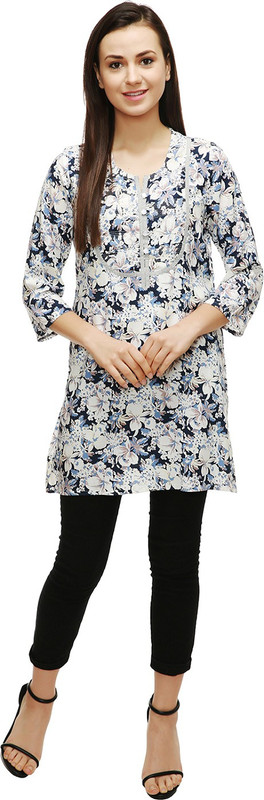 Anzlik Casual Floral Print Women Kurti(White)