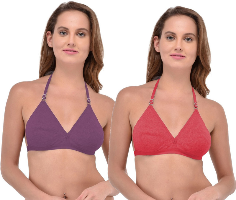 Fabme Crossback, Haleterneck, Double Layer Women T-Shirt Non Padded Bra(Purple, Red)