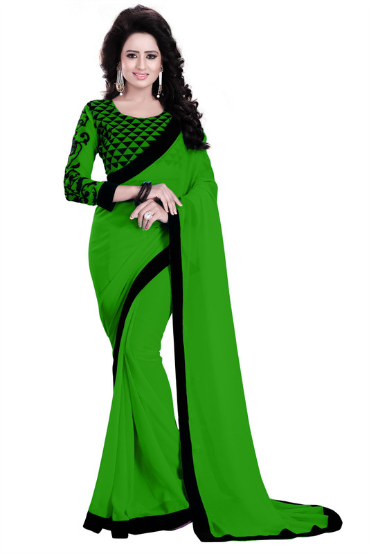 Saumya Designer Applique Bollywood Poly Georgette Saree(Green, Black)