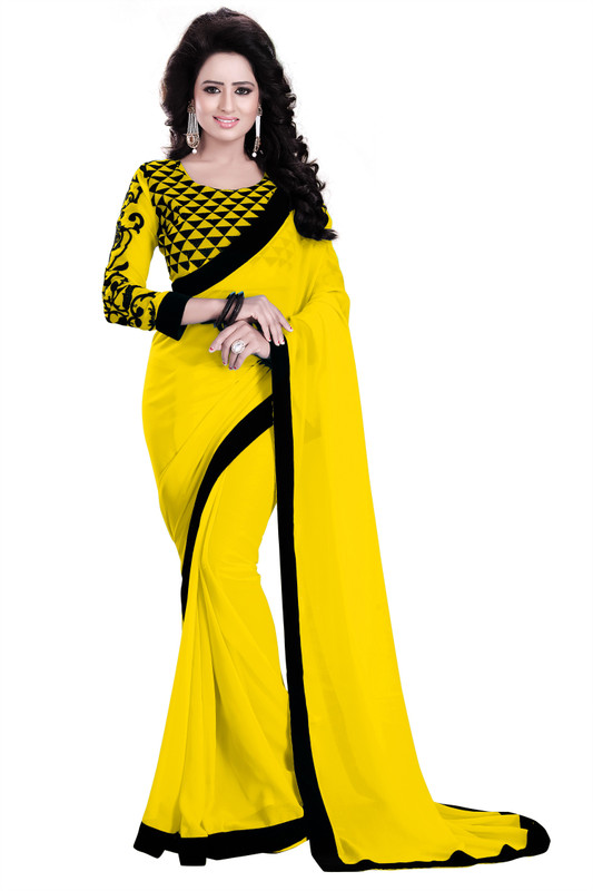 Saumya Designer Geometric Print, Floral Print, Solid Bollywood Poly Georgette Saree(Black, Yellow)